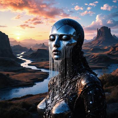 The primary subject of the image is a woman with a silver helmet, standing in front of a beautiful mountain range. The setting is a picturesque outdoor environment with mountains in the background. The visual style of the image is a combination of photo and digital art, creating a unique and intriguing scene. The colors and mood of the image are predominantly silver and dark, giving it a futuristic and mysterious atmosphere.